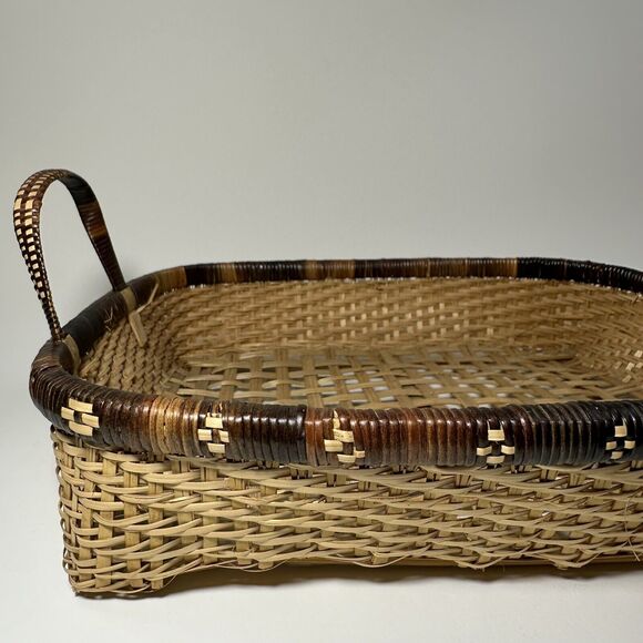 Vintage Hand Woven Tobacco Basket - Bamboo Storage Rectangle With Handles - Picture 1 of 7